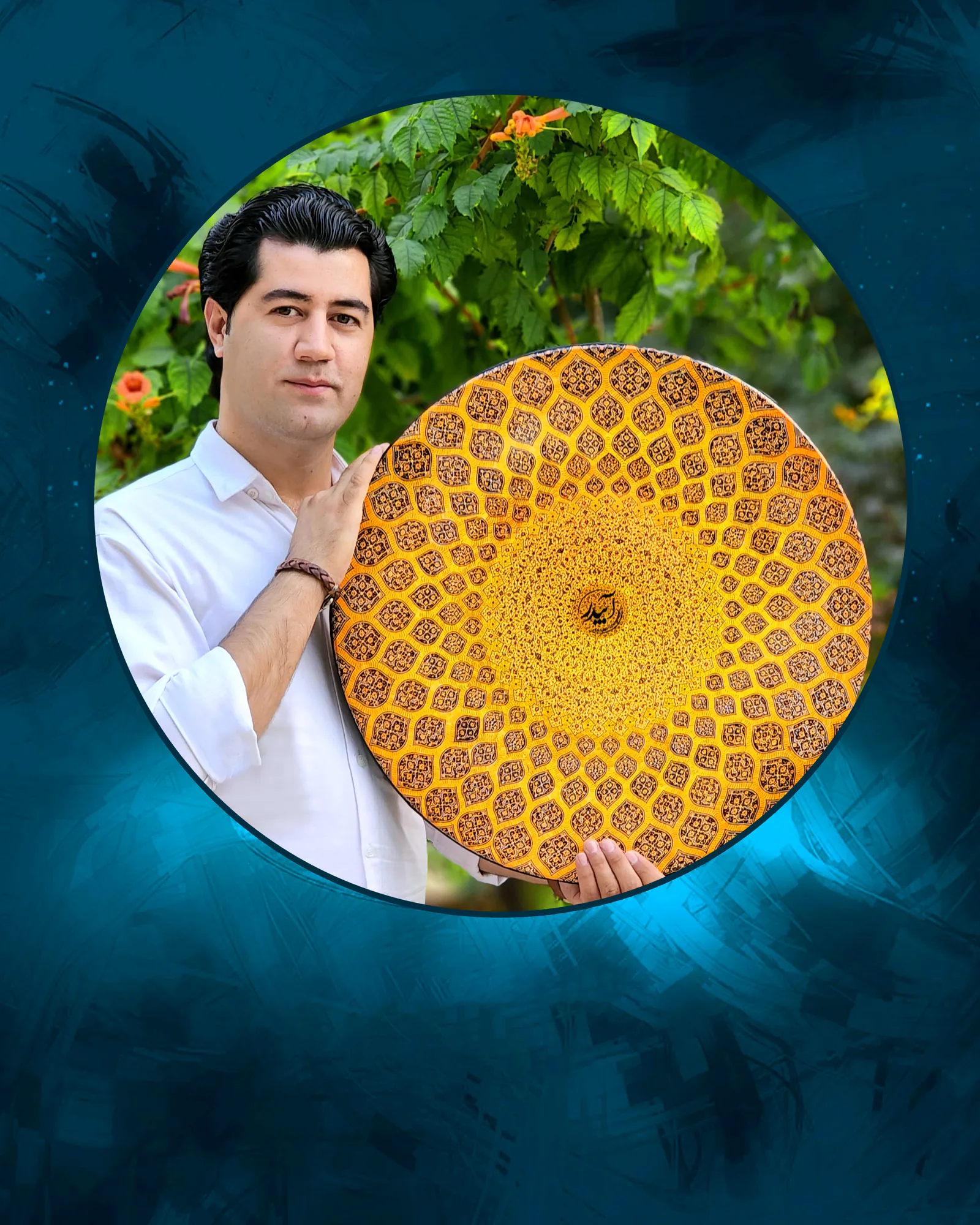 Farid Zandi holding a decorated Daf.